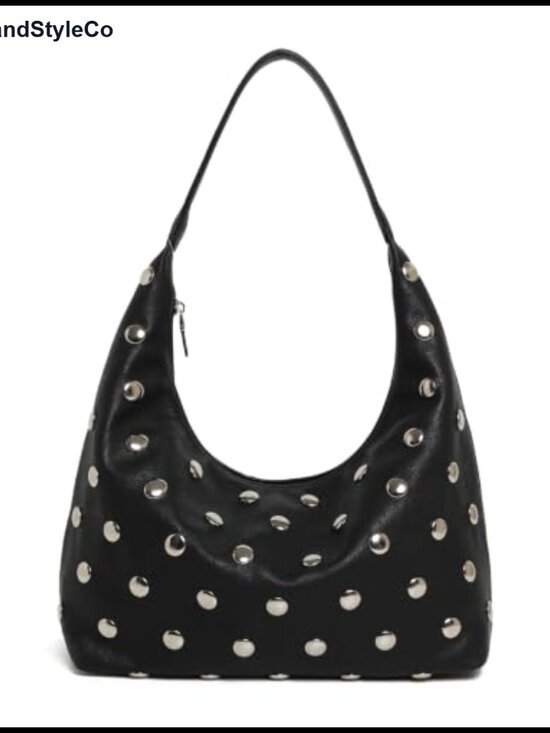 Handbags - Studded Hobo Bag Slouchy Shoulder Purse Large Rivet PU Leather Edgy Y2K Punk